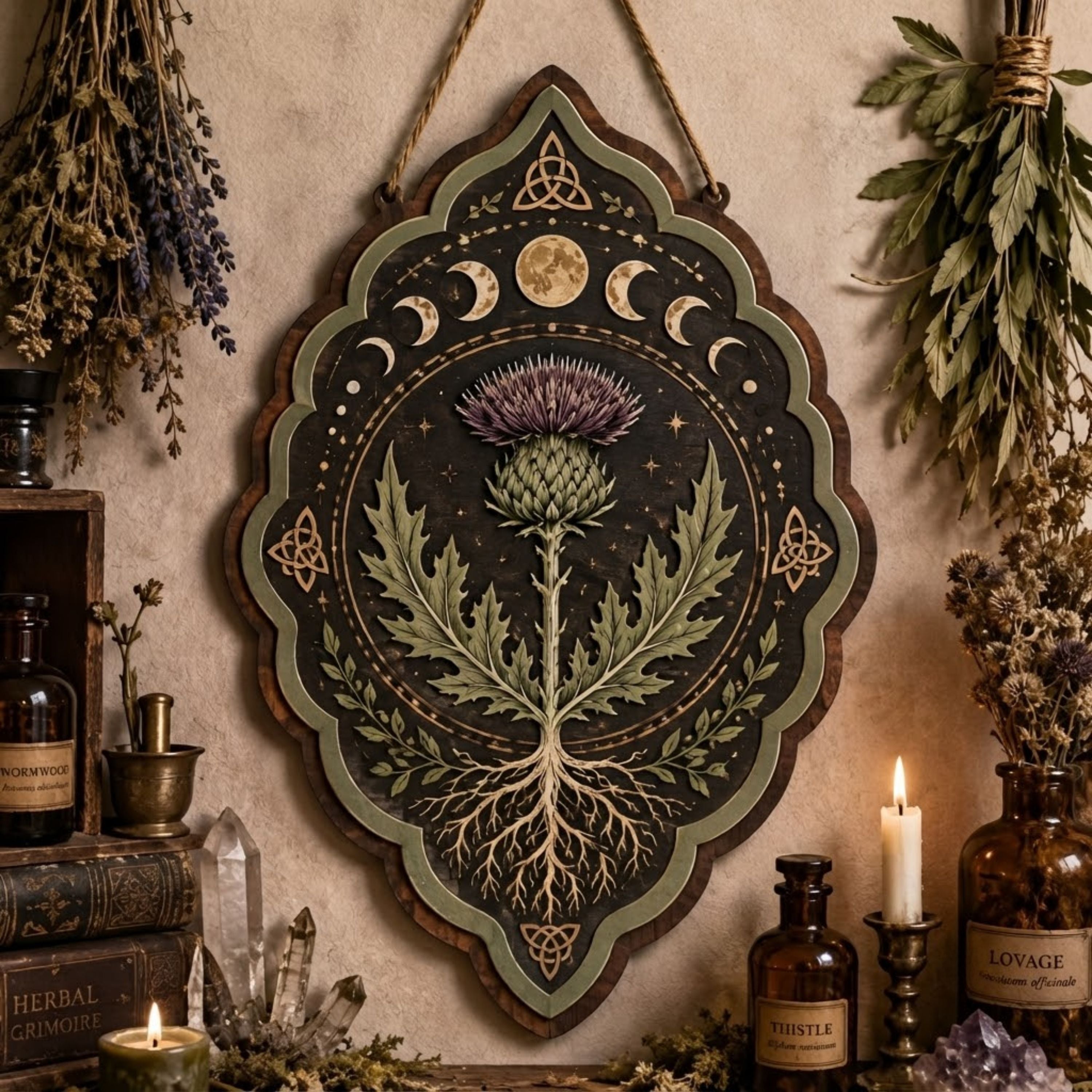 Mystical Thistle Wooden Sign - Scottish Botanical Wall Decor with Moon Phases, Roots & Celtic Knots