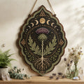 Mystical Thistle Wooden Sign - Scottish Botanical Wall Decor with Moon Phases, Roots & Celtic Knots