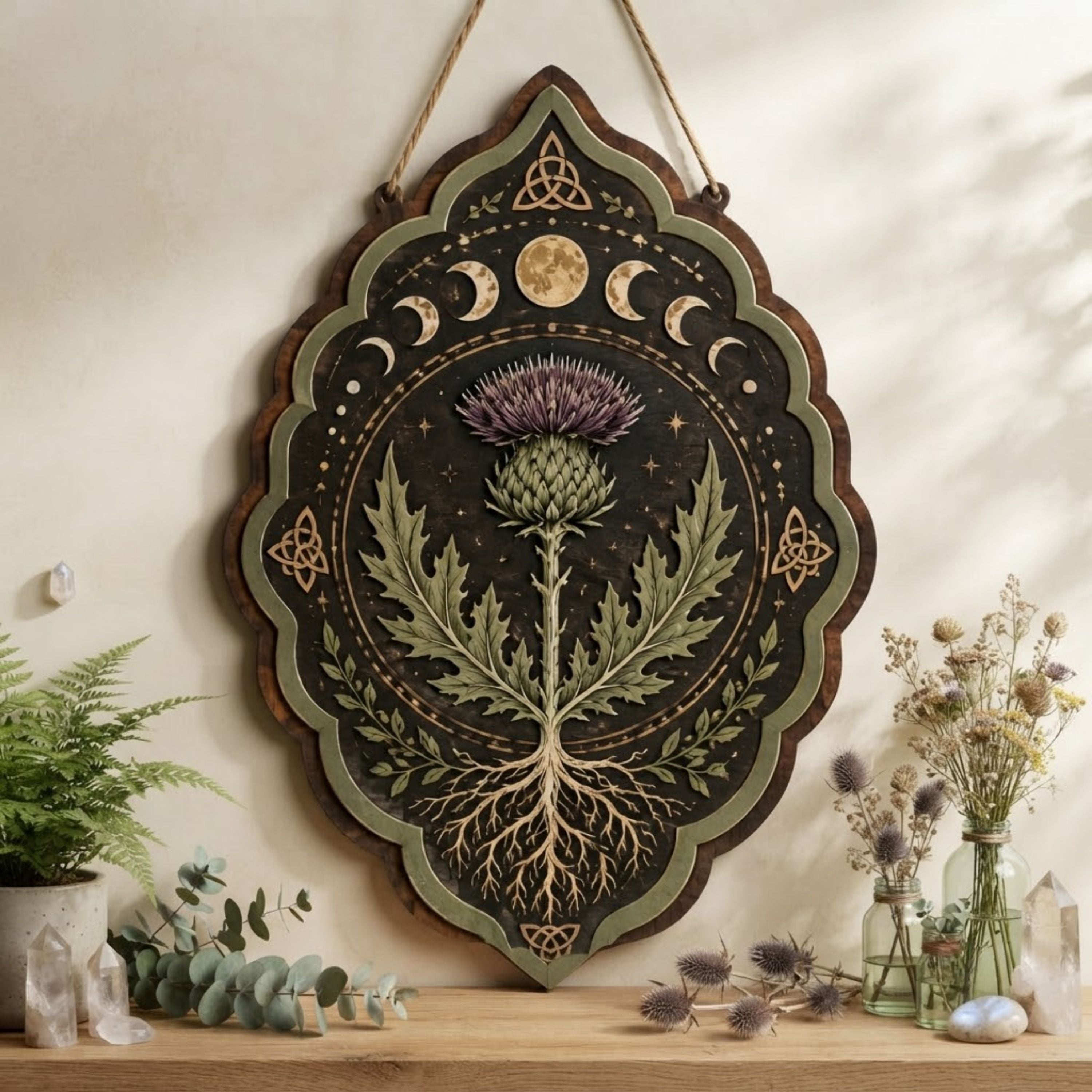 Mystical Thistle Wooden Sign - Scottish Botanical Wall Decor with Moon Phases, Roots & Celtic Knots