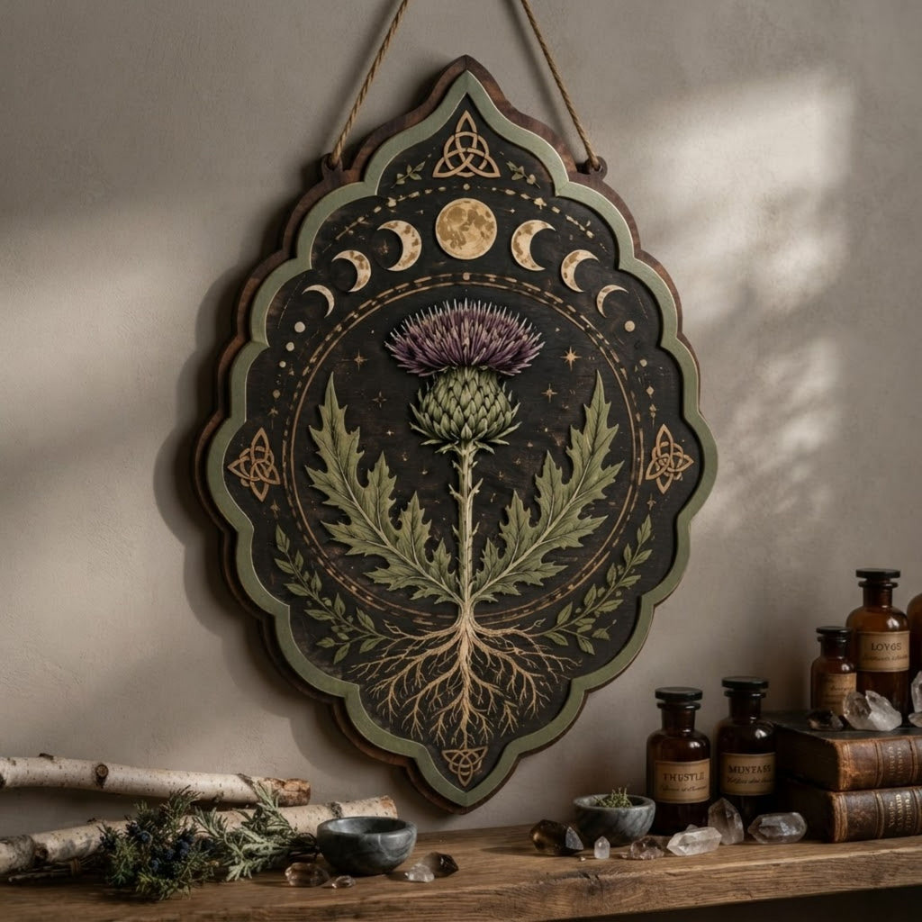 Mystical Thistle Wooden Sign - Scottish Botanical Wall Decor with Moon Phases, Roots & Celtic Knots