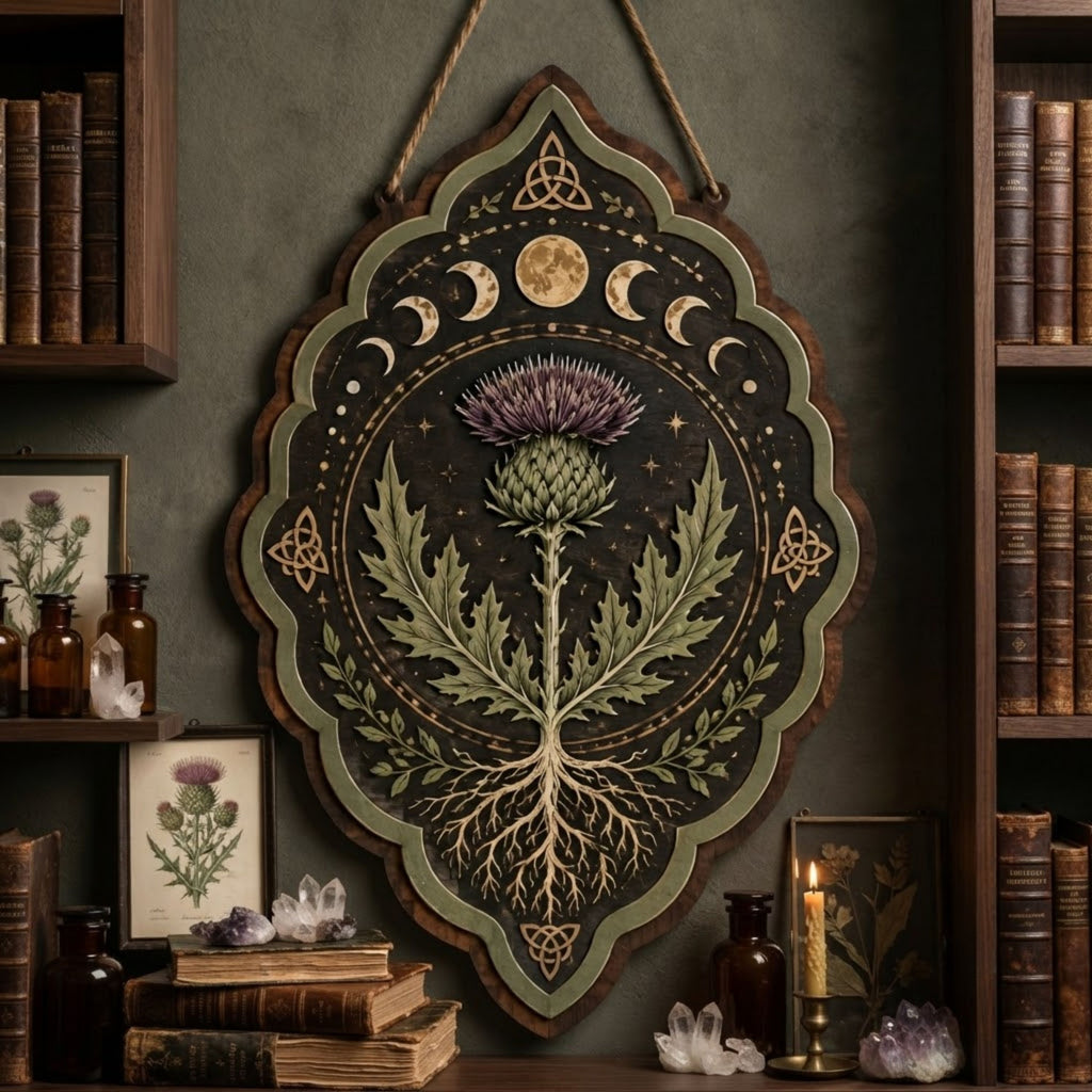 Mystical Thistle Wooden Sign - Scottish Botanical Wall Decor with Moon Phases, Roots & Celtic Knots