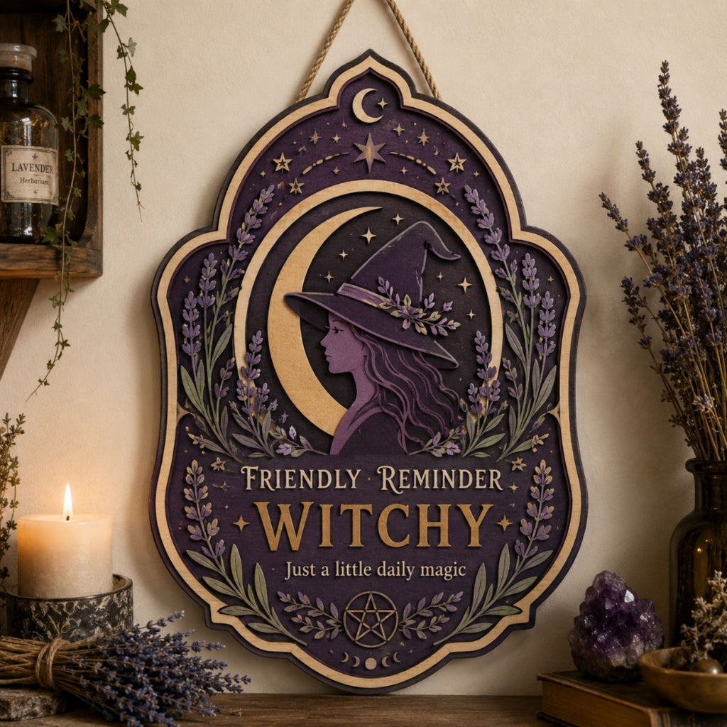 Friendly Reminder Witchy Wooden Sign - Mystical Moon Wall Decor with Lavender, Stars & Pentacle