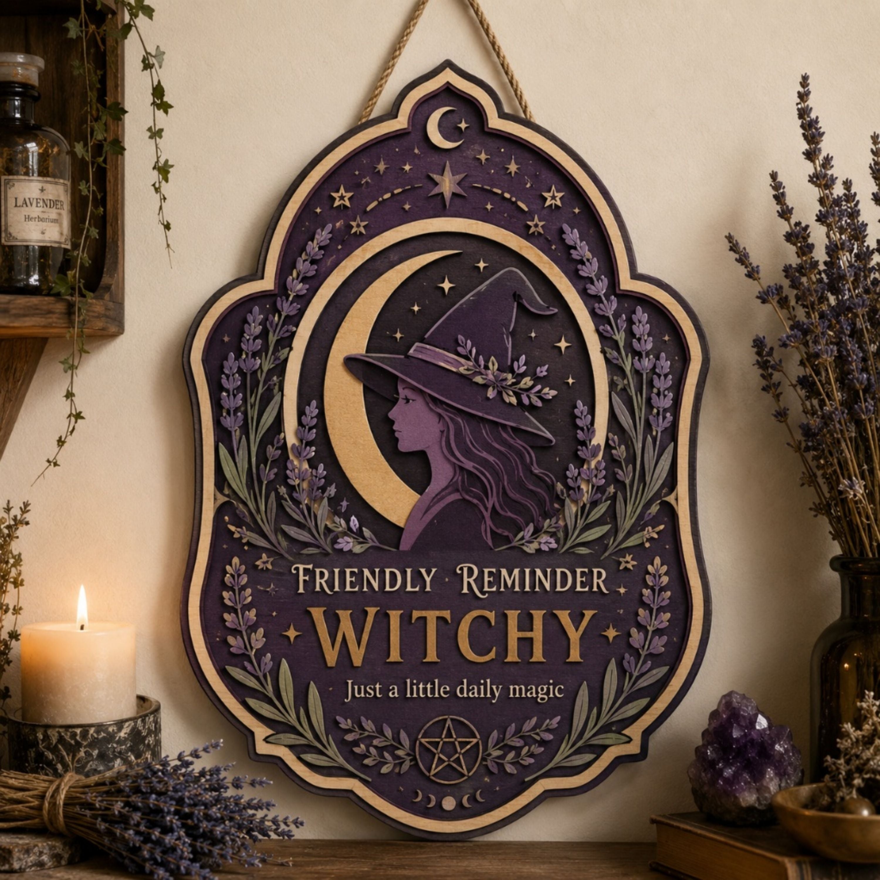 Friendly Reminder Witchy Wooden Sign - Mystical Moon Wall Decor with Lavender, Stars & Pentacle