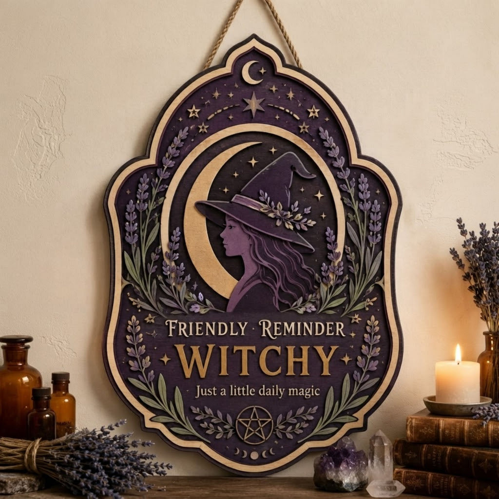 Friendly Reminder Witchy Wooden Sign - Mystical Moon Wall Decor with Lavender, Stars & Pentacle
