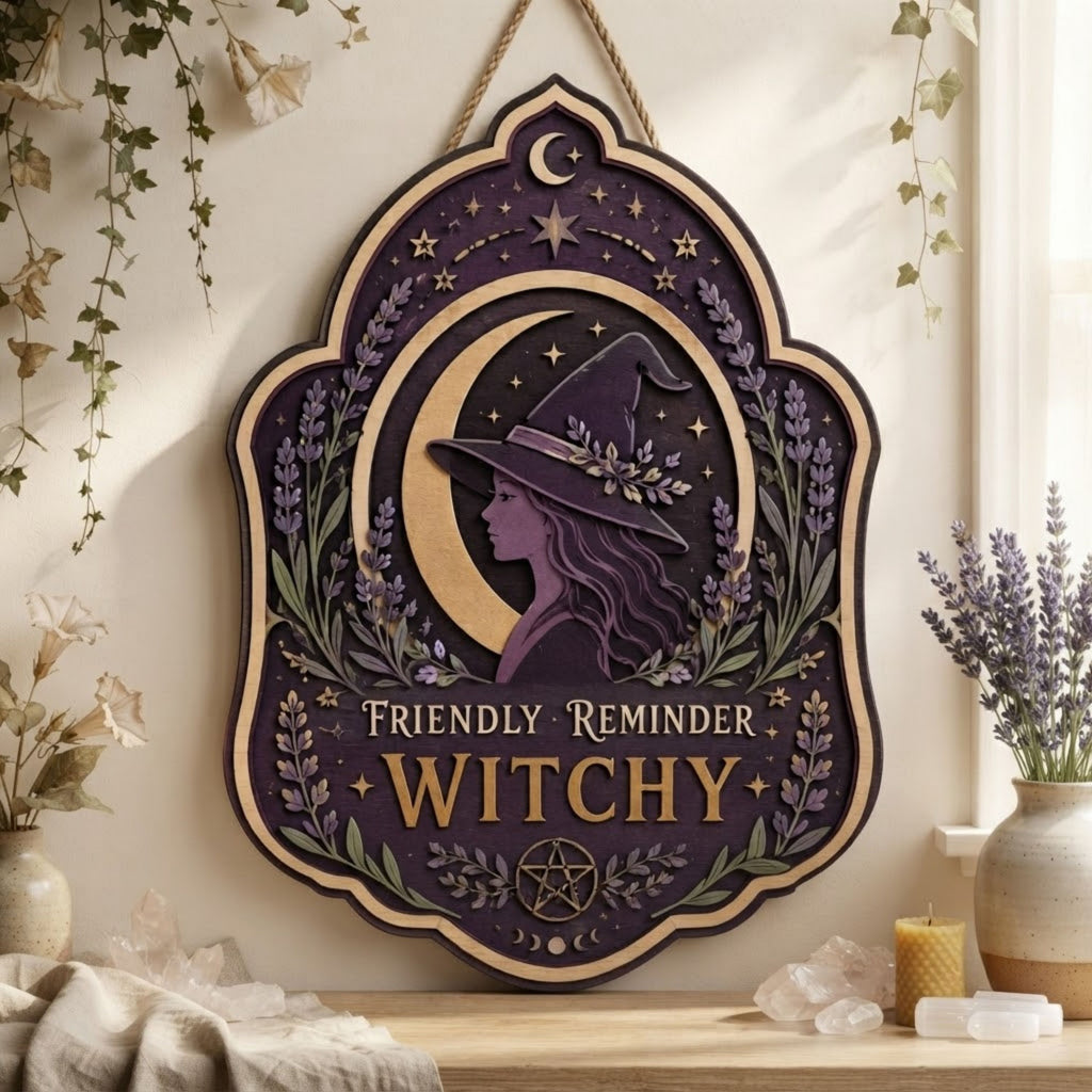 Friendly Reminder Witchy Wooden Sign - Mystical Moon Wall Decor with Lavender, Stars & Pentacle