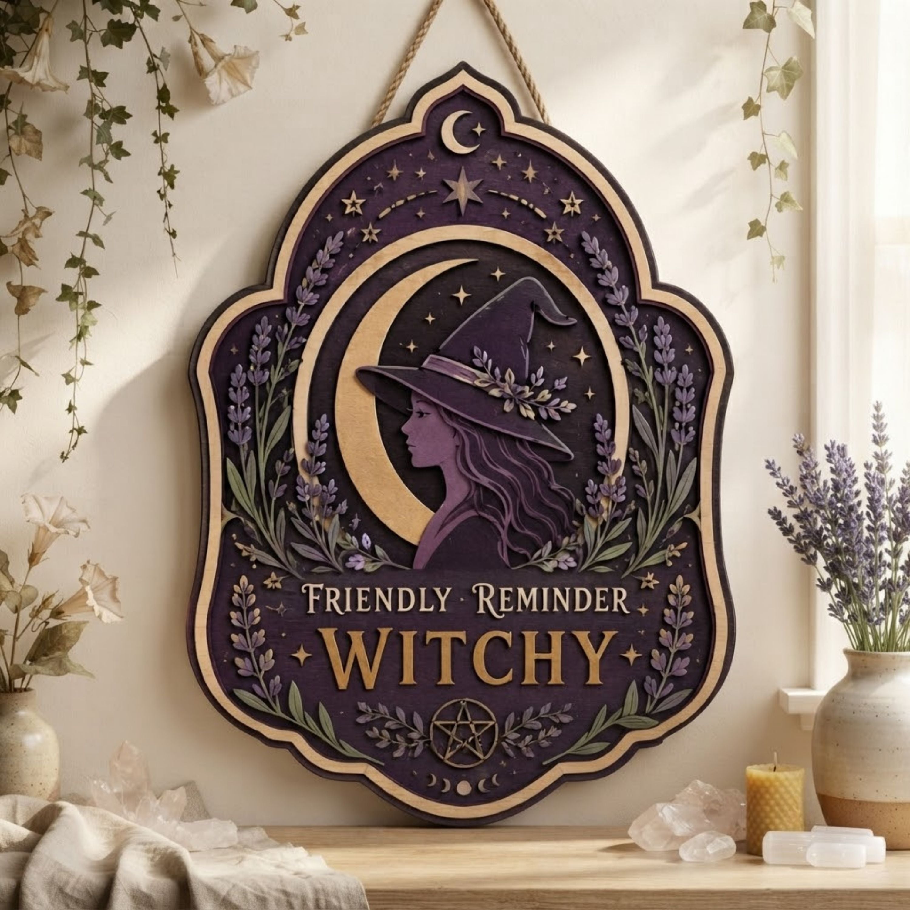 Friendly Reminder Witchy Wooden Sign - Mystical Moon Wall Decor with Lavender, Stars & Pentacle