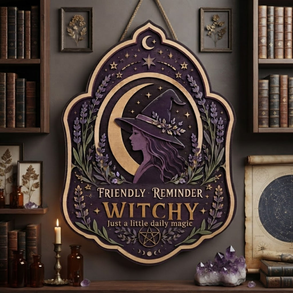 Friendly Reminder Witchy Wooden Sign - Mystical Moon Wall Decor with Lavender, Stars & Pentacle