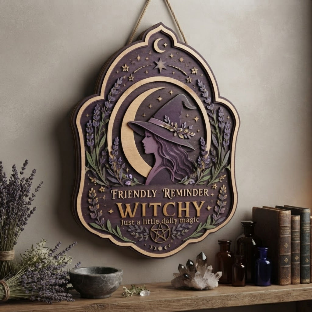 Friendly Reminder Witchy Wooden Sign - Mystical Moon Wall Decor with Lavender, Stars & Pentacle