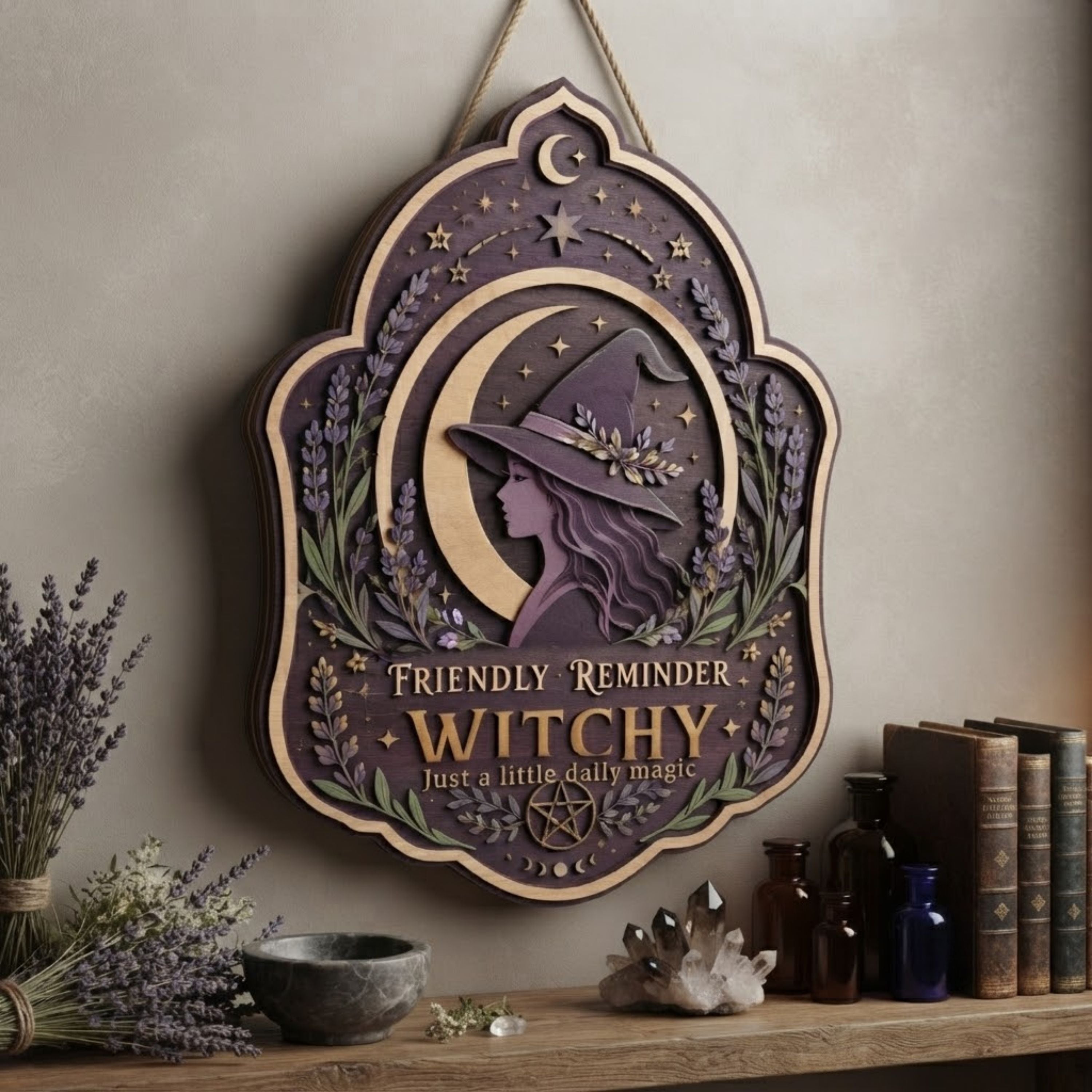 Friendly Reminder Witchy Wooden Sign - Mystical Moon Wall Decor with Lavender, Stars & Pentacle