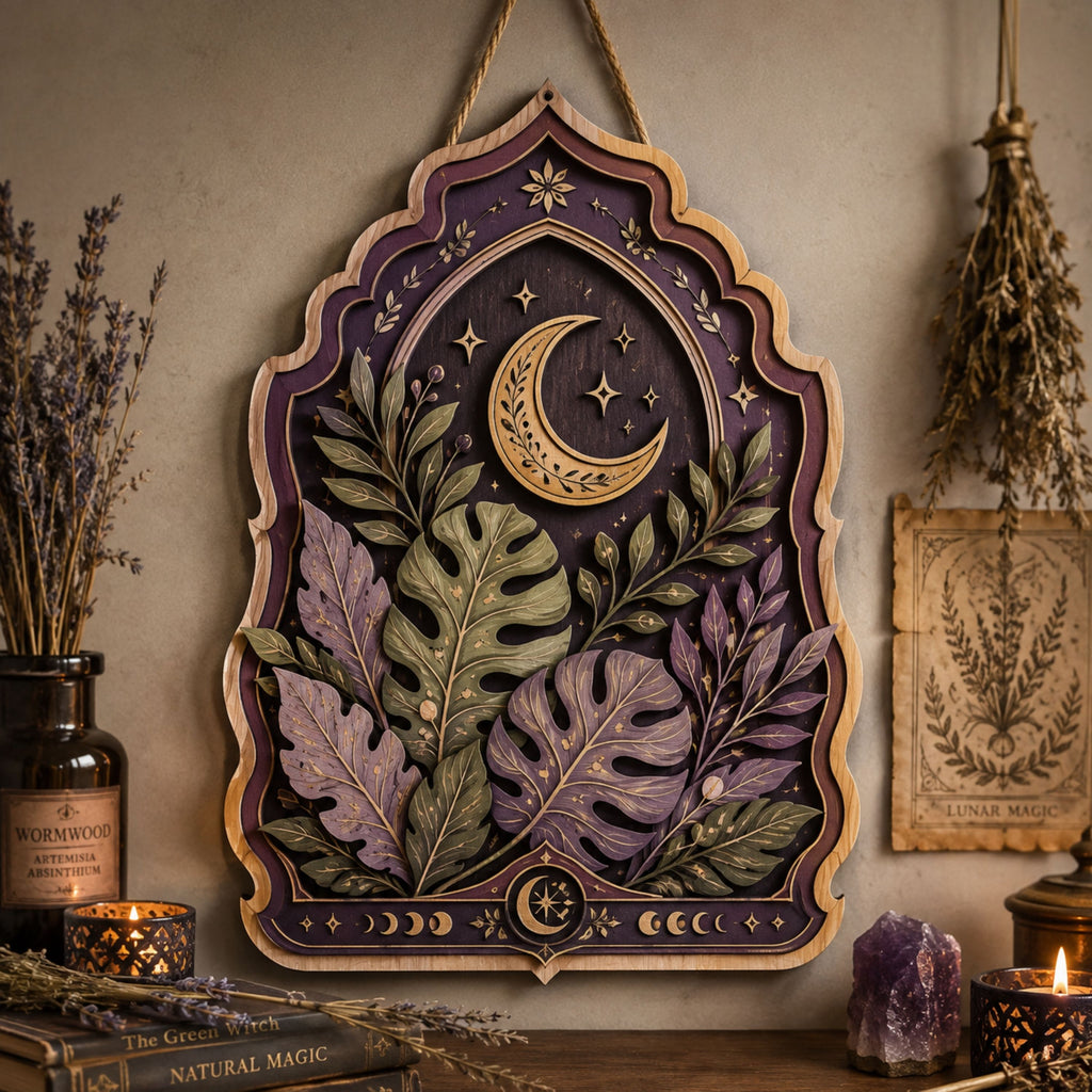 Celestial Botanical Wooden Sign - Mystical Moon Wall Decor with Monstera Leaves, Stars & Lunar Phases