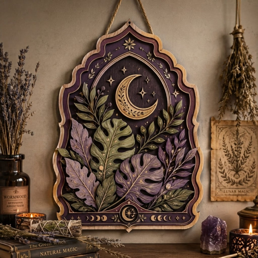 Celestial Botanical Wooden Sign - Mystical Moon Wall Decor with Monstera Leaves, Stars & Lunar Phases