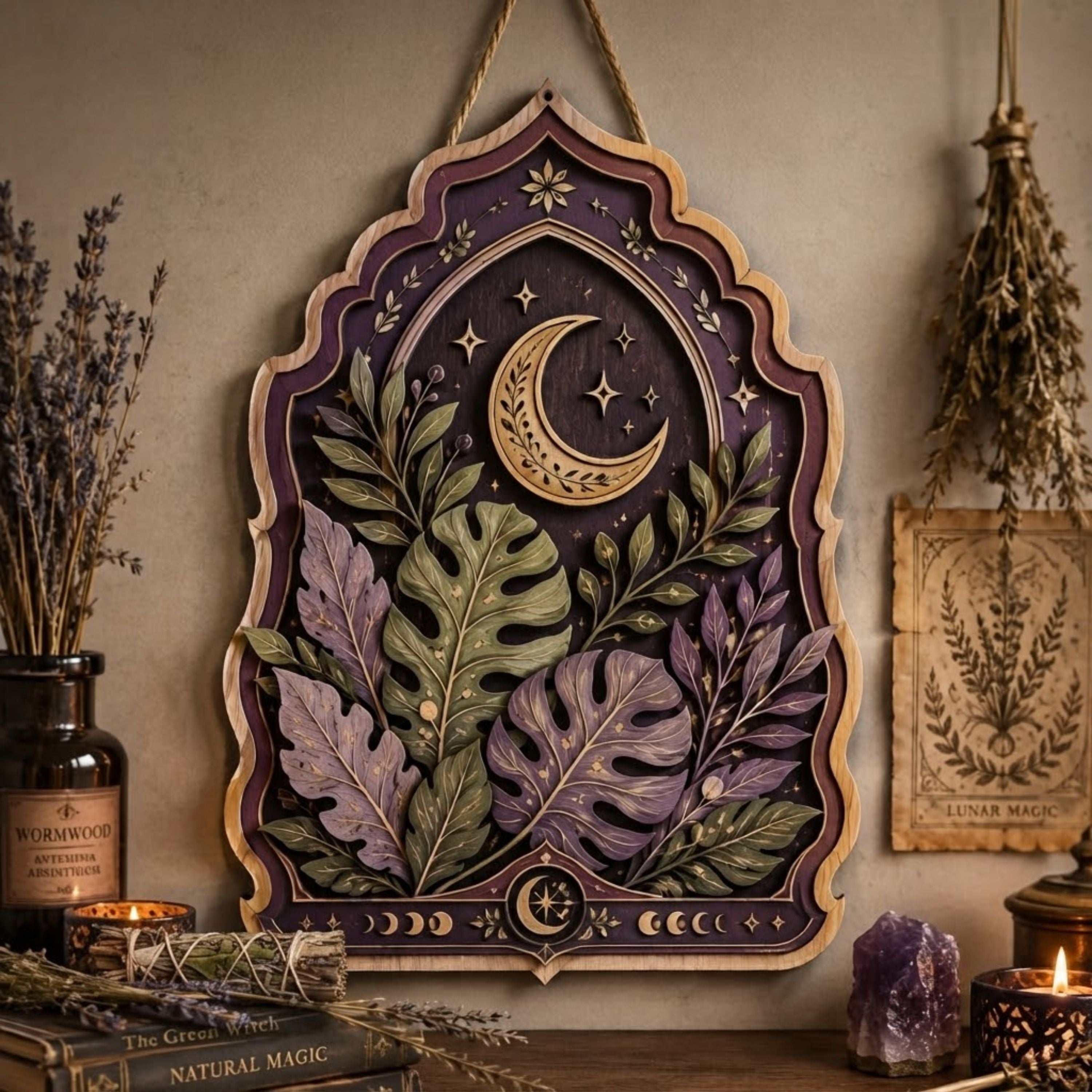Celestial Botanical Wooden Sign - Mystical Moon Wall Decor with Monstera Leaves, Stars & Lunar Phases