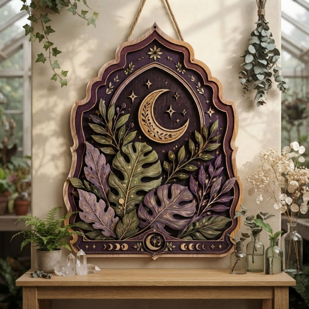 Celestial Botanical Wooden Sign - Mystical Moon Wall Decor with Monstera Leaves, Stars & Lunar Phases
