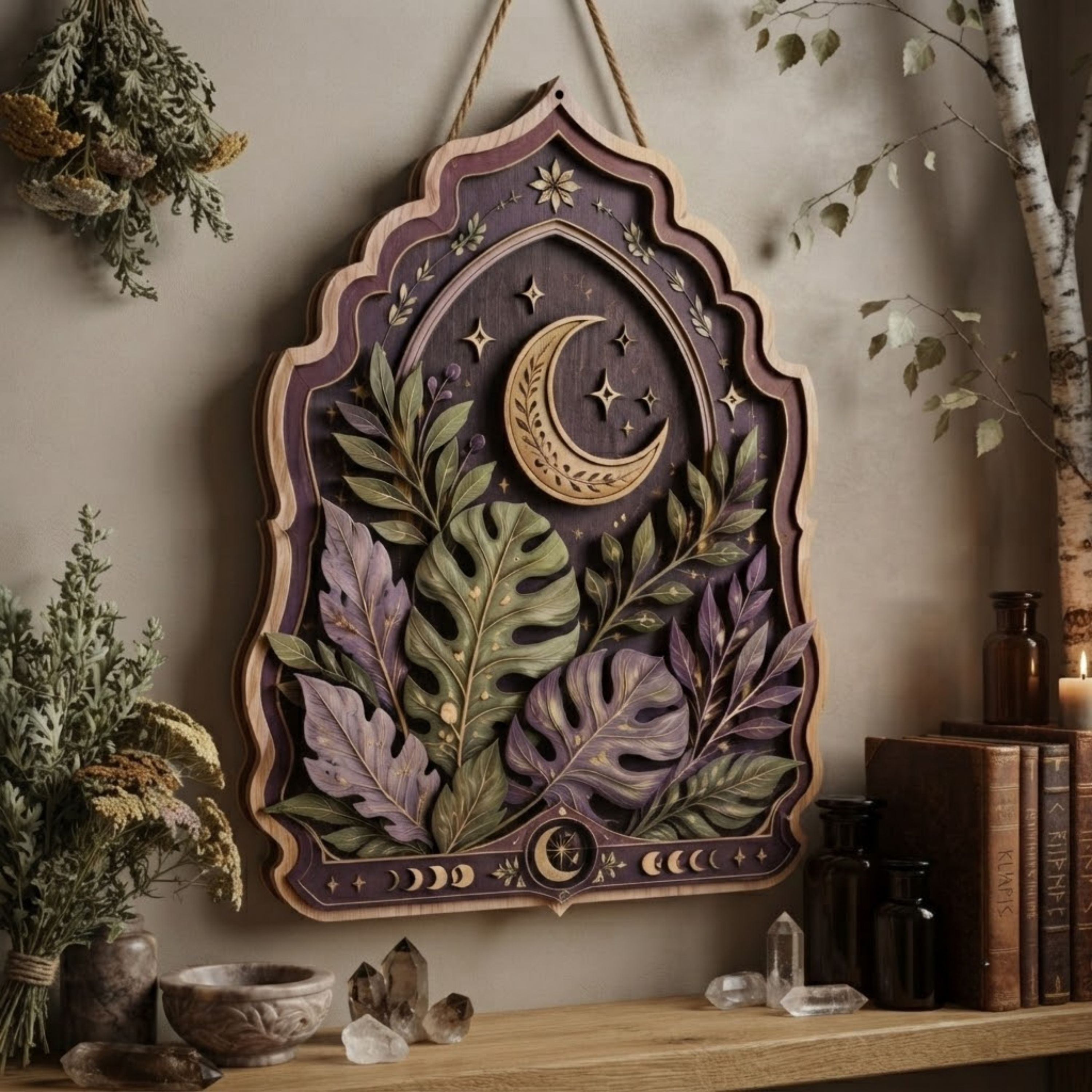 Celestial Botanical Wooden Sign - Mystical Moon Wall Decor with Monstera Leaves, Stars & Lunar Phases