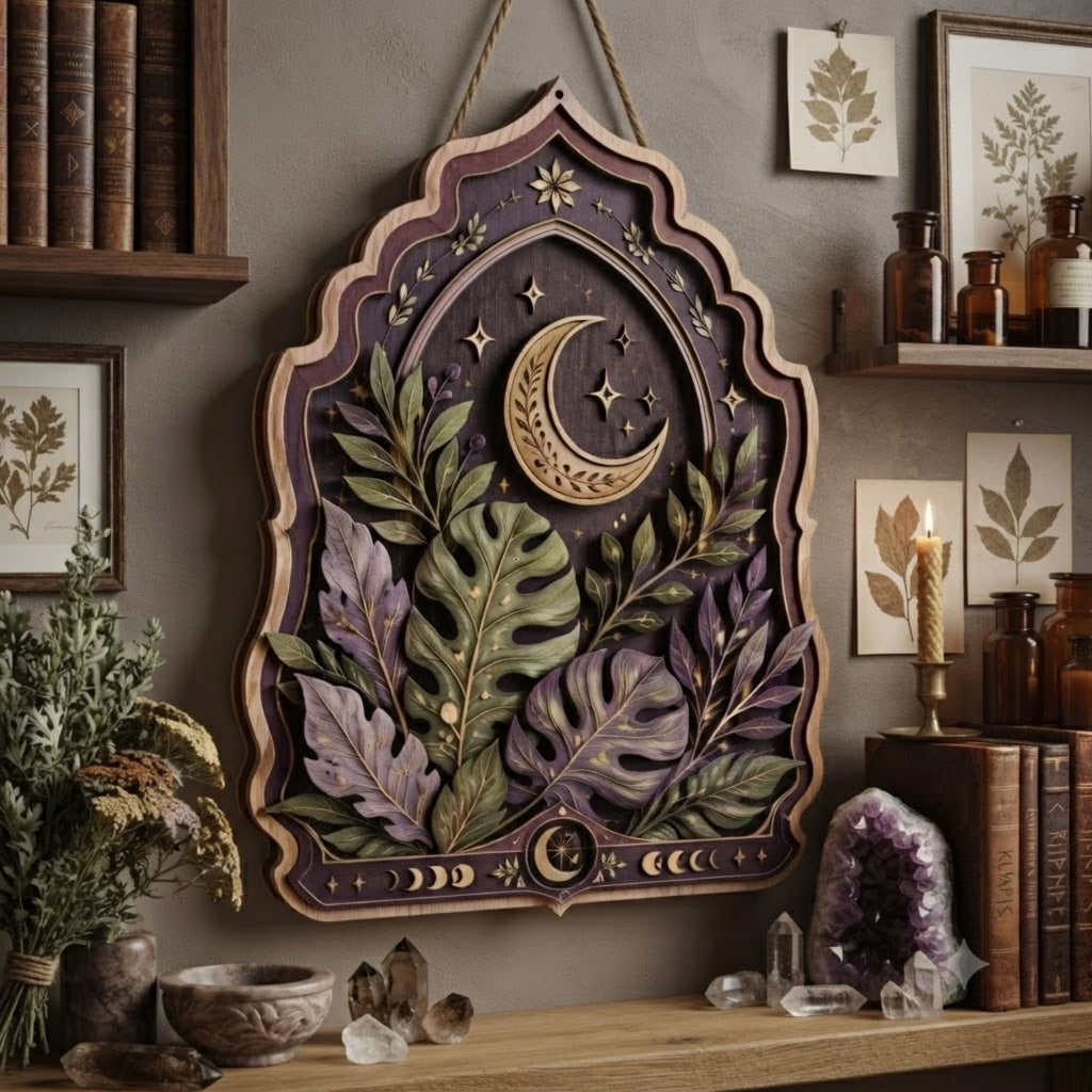 Celestial Botanical Wooden Sign - Mystical Moon Wall Decor with Monstera Leaves, Stars & Lunar Phases