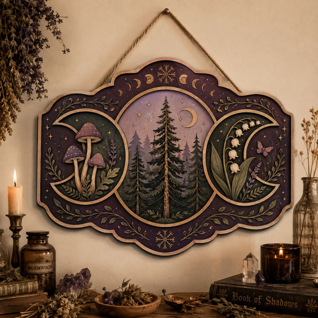 Enchanted Forest Triple Moon Wooden Sign - Mystical Woodland Wall Decor with Mushrooms, Wildflowers & Crescent Moons