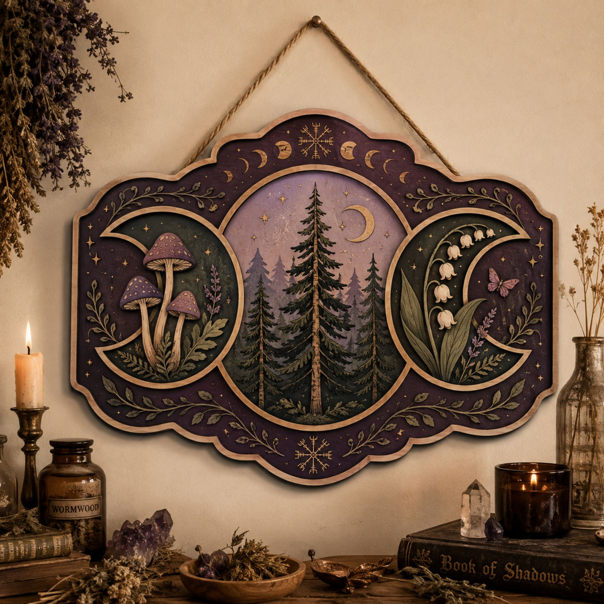 Enchanted Forest Triple Moon Wooden Sign - Mystical Woodland Wall Decor with Mushrooms, Wildflowers & Crescent Moons