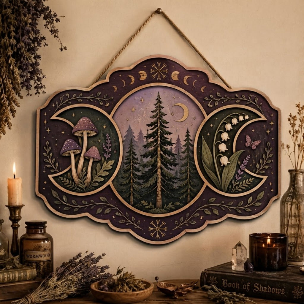 Enchanted Forest Triple Moon Wooden Sign - Mystical Woodland Wall Decor with Mushrooms, Wildflowers & Crescent Moons
