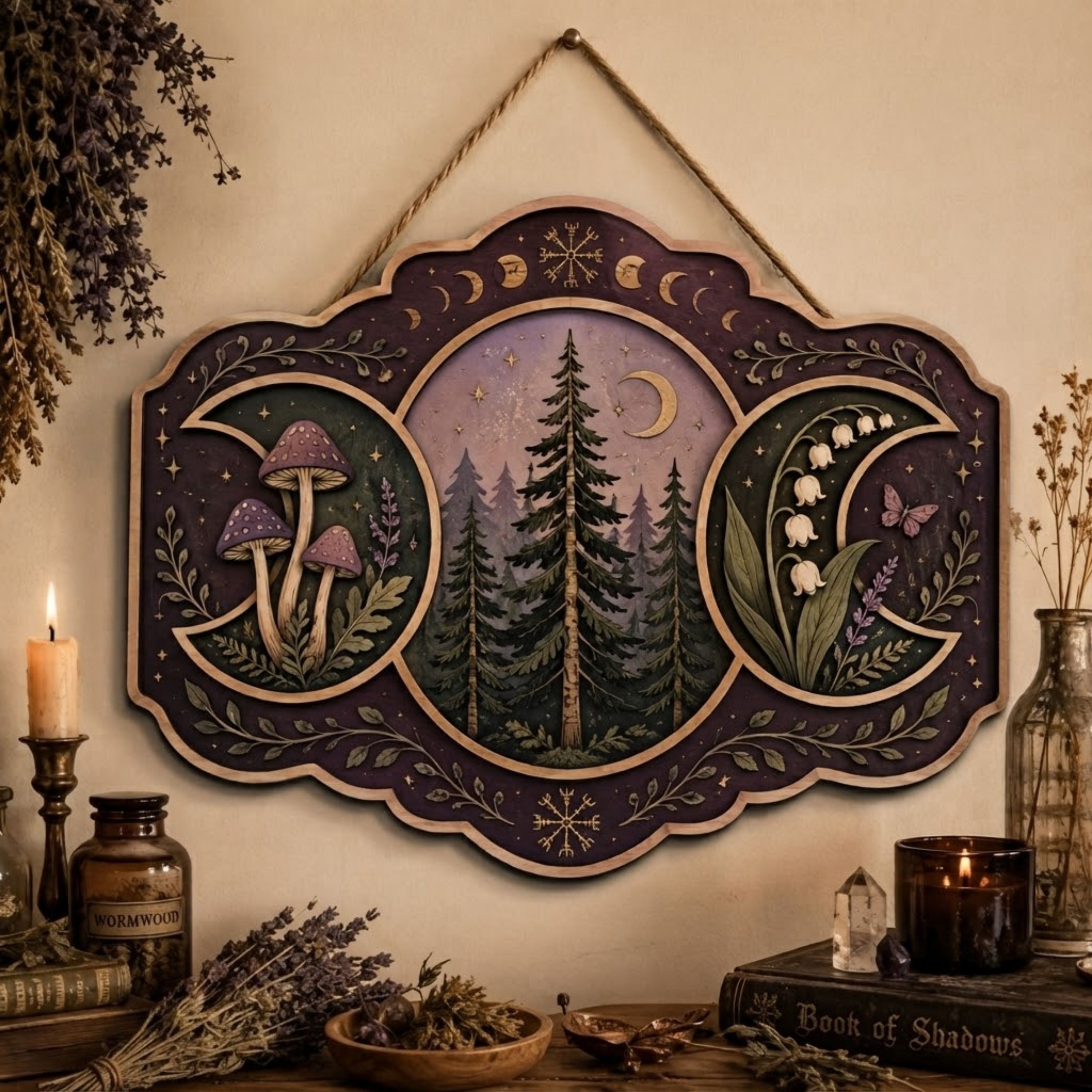 Enchanted Forest Triple Moon Wooden Sign - Mystical Woodland Wall Decor with Mushrooms, Wildflowers & Crescent Moons