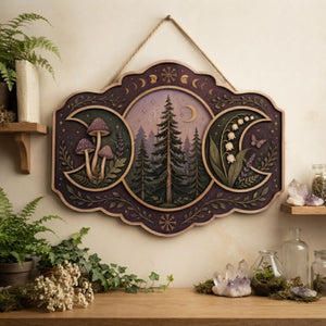 Enchanted Forest Triple Moon Wooden Sign - Mystical Woodland Wall Decor with Mushrooms, Wildflowers & Crescent Moons