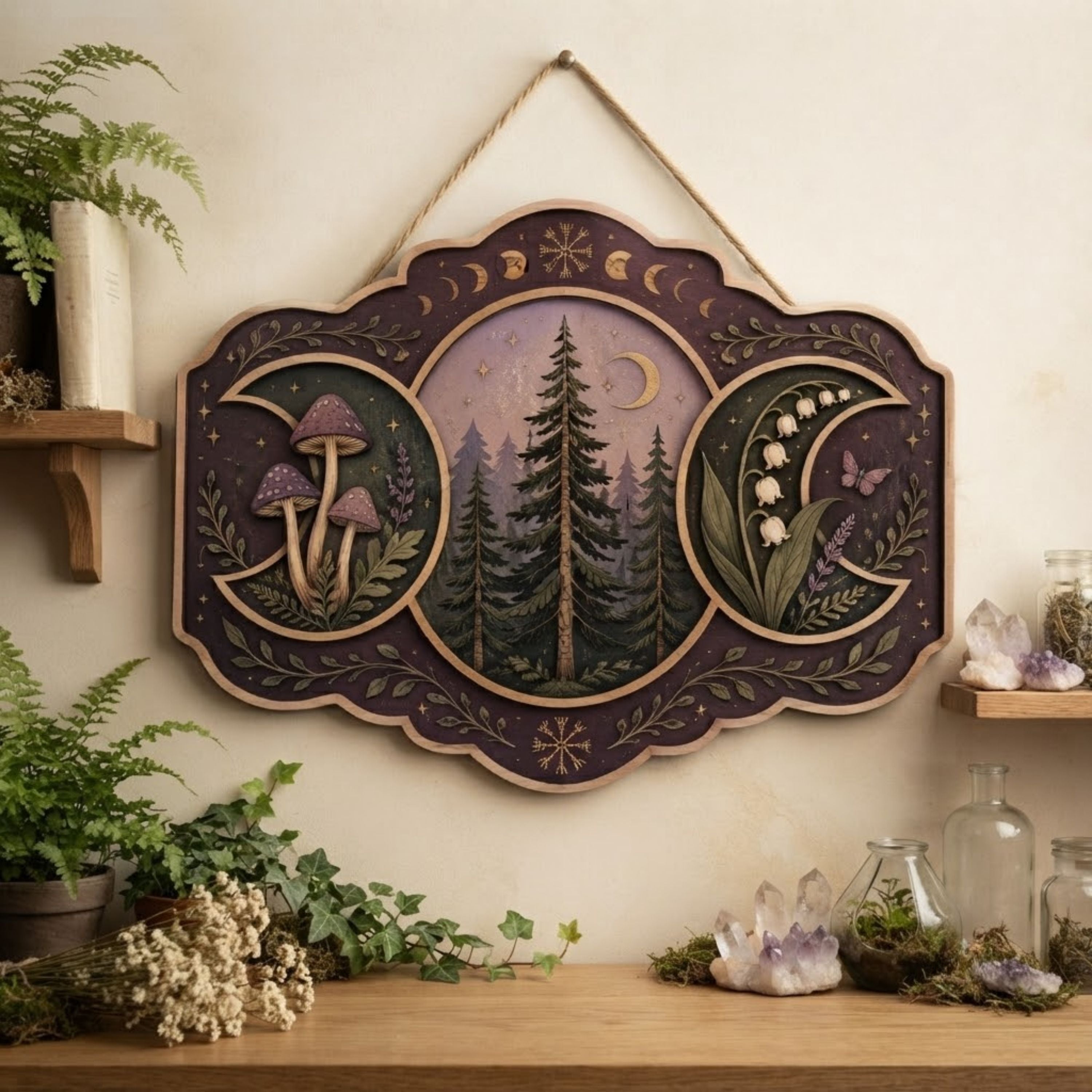 Enchanted Forest Triple Moon Wooden Sign - Mystical Woodland Wall Decor with Mushrooms, Wildflowers & Crescent Moons