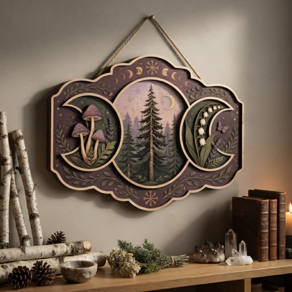 Enchanted Forest Triple Moon Wooden Sign - Mystical Woodland Wall Decor with Mushrooms, Wildflowers & Crescent Moons