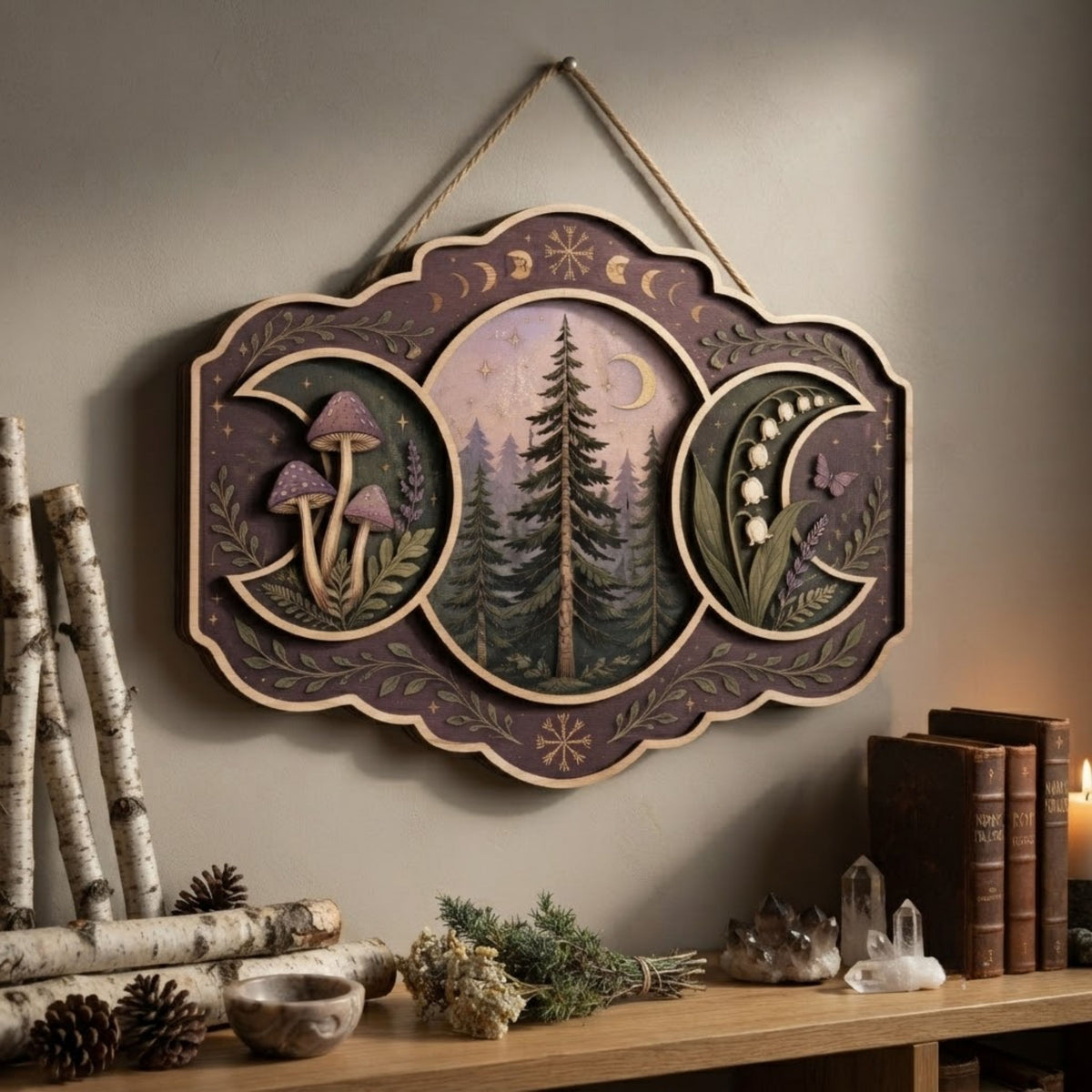 Enchanted Forest Triple Moon Wooden Sign - Mystical Woodland Wall Decor with Mushrooms, Wildflowers & Crescent Moons