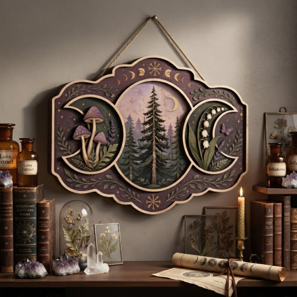 Enchanted Forest Triple Moon Wooden Sign - Mystical Woodland Wall Decor with Mushrooms, Wildflowers & Crescent Moons