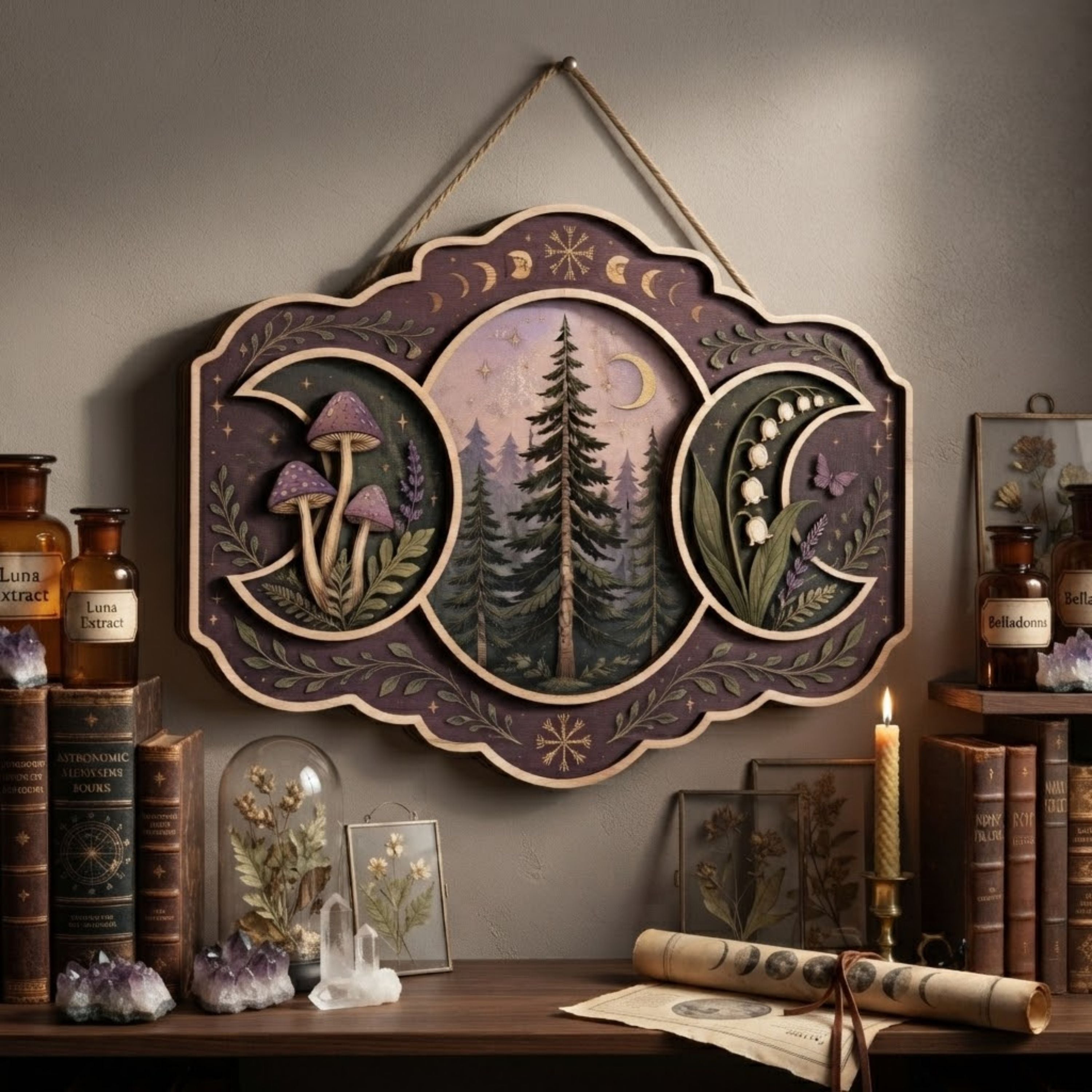 Enchanted Forest Triple Moon Wooden Sign - Mystical Woodland Wall Decor with Mushrooms, Wildflowers & Crescent Moons