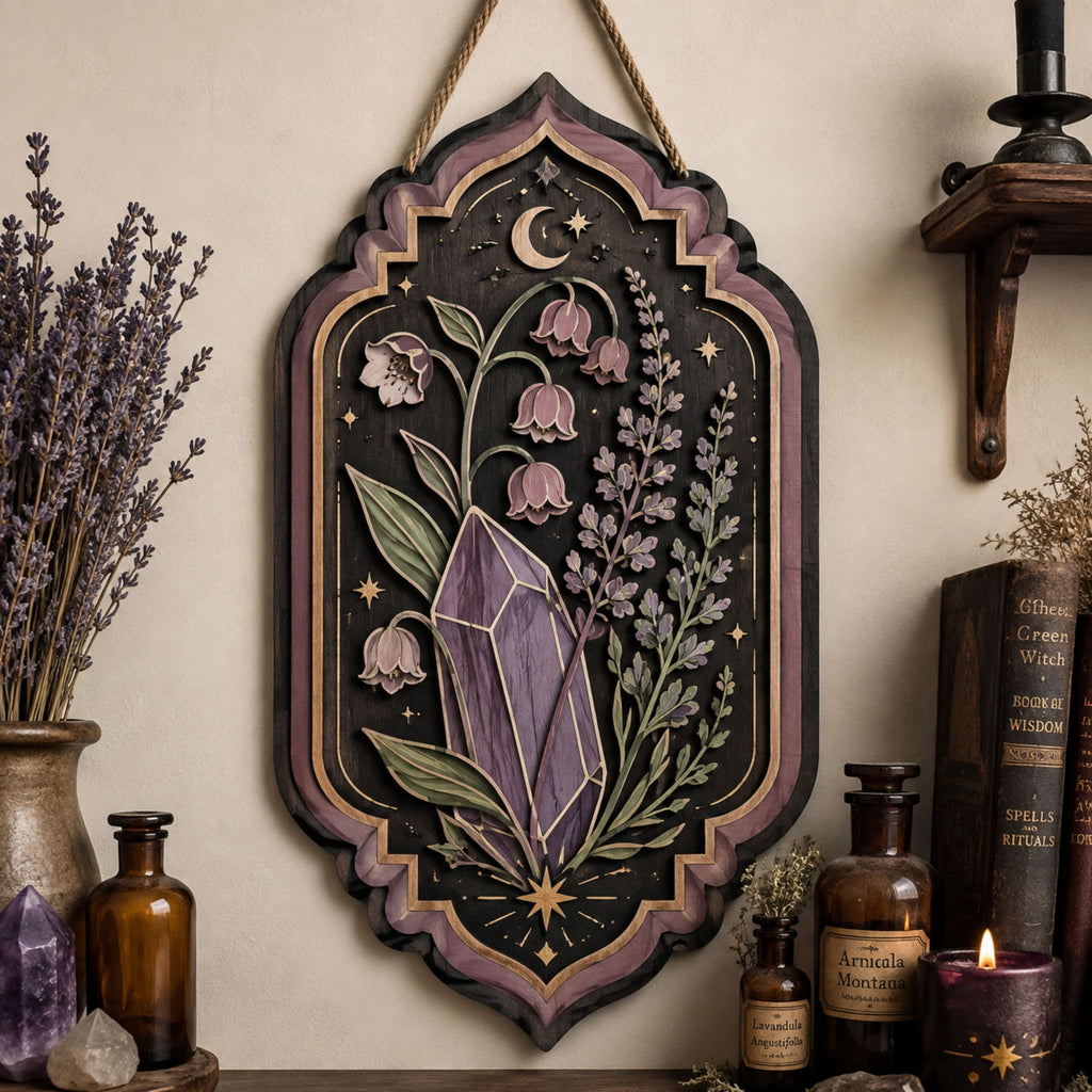 Amethyst Botanical Wooden Sign - Mystical Crystal Wall Decor with Bell Flowers, Lavender & Crescent Moon