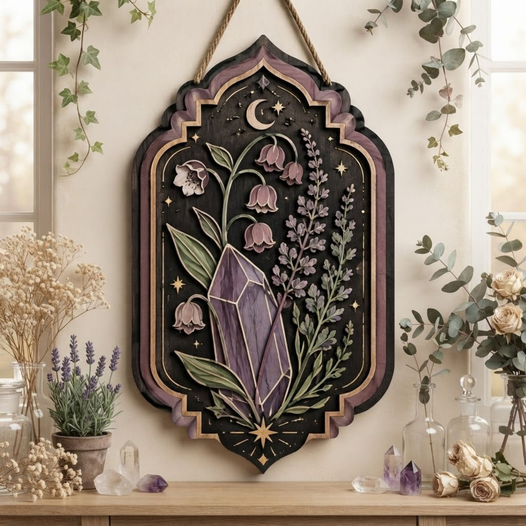 Amethyst Botanical Wooden Sign - Mystical Crystal Wall Decor with Bell Flowers, Lavender & Crescent Moon