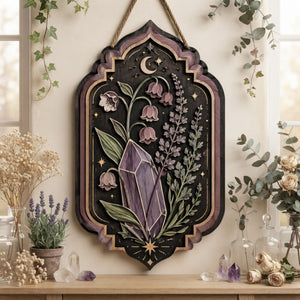 Amethyst Botanical Wooden Sign - Mystical Crystal Wall Decor with Bell Flowers, Lavender & Crescent Moon
