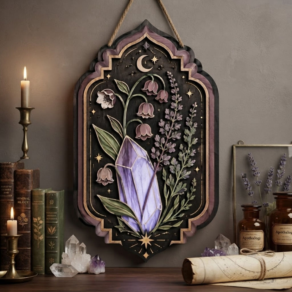 Amethyst Botanical Wooden Sign - Mystical Crystal Wall Decor with Bell Flowers, Lavender & Crescent Moon