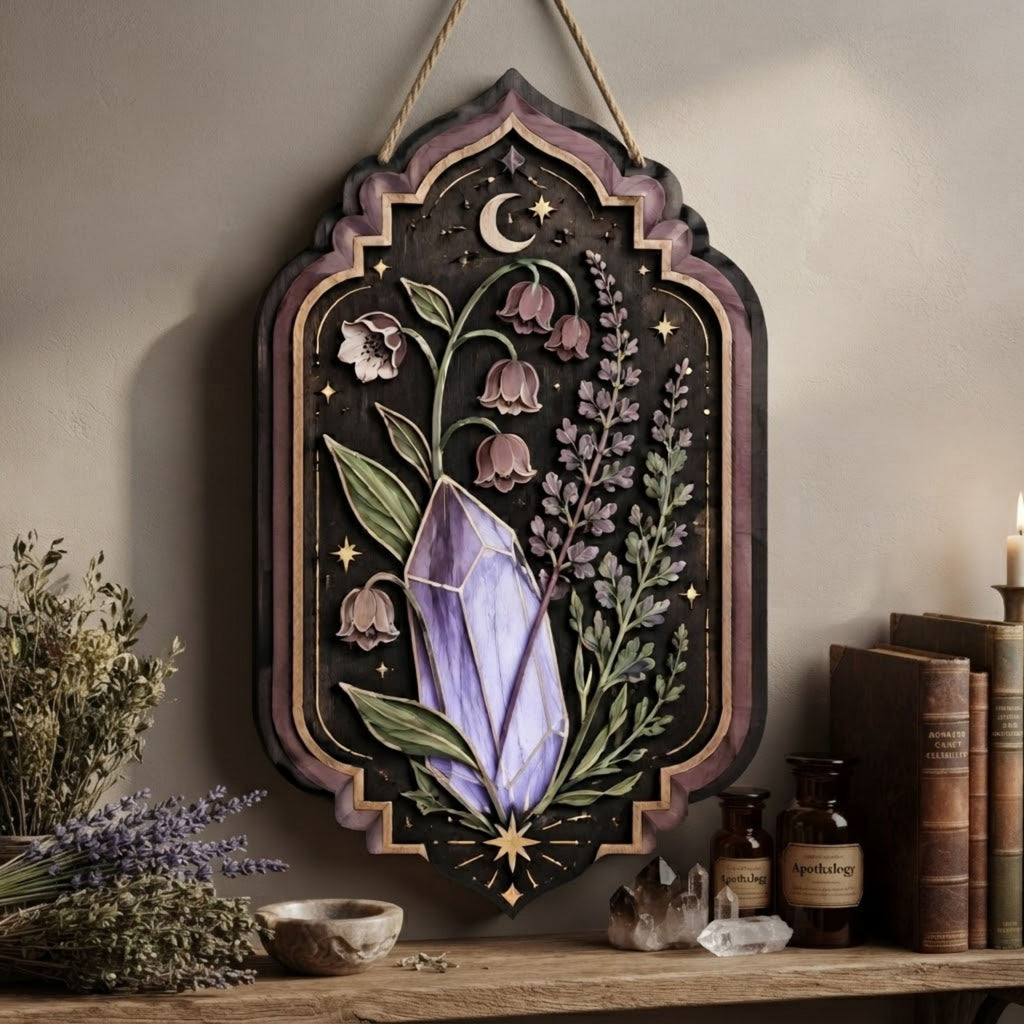 Amethyst Botanical Wooden Sign - Mystical Crystal Wall Decor with Bell Flowers, Lavender & Crescent Moon