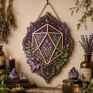 Botanical Crystal Wooden Sign - Mystical Geometric Wall Decor with Succulent, Lavender & Crescent Moon