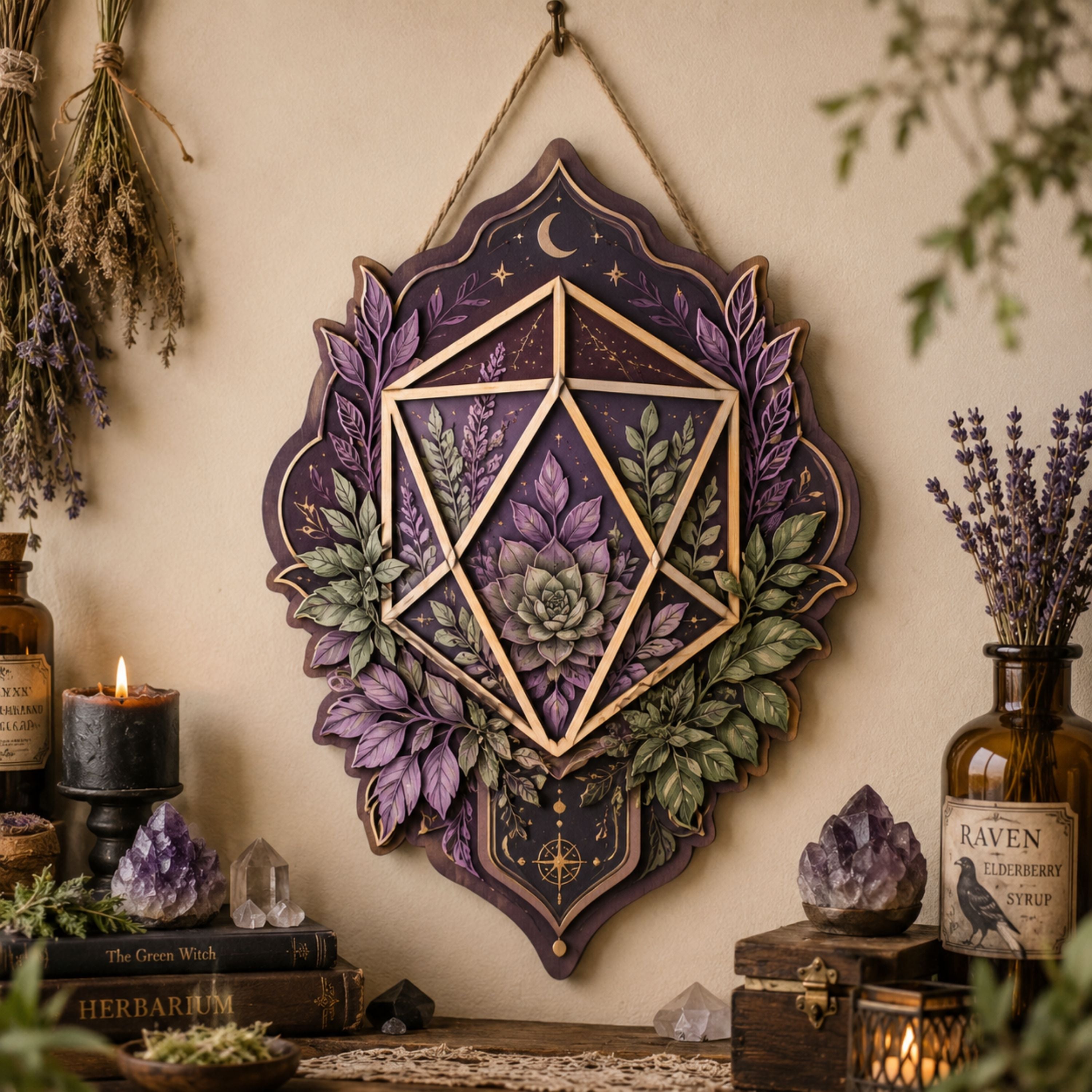 Botanical Crystal Wooden Sign - Mystical Geometric Wall Decor with Succulent, Lavender & Crescent Moon