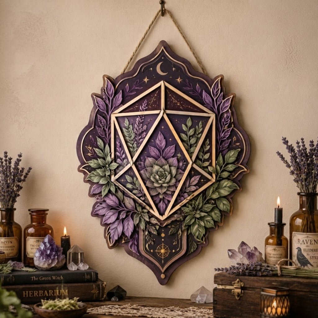 Botanical Crystal Wooden Sign - Mystical Geometric Wall Decor with Succulent, Lavender & Crescent Moon