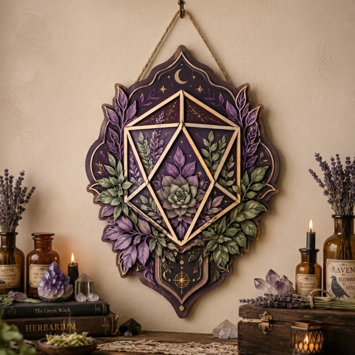 Botanical Crystal Wooden Sign - Mystical Geometric Wall Decor with Succulent, Lavender & Crescent Moon