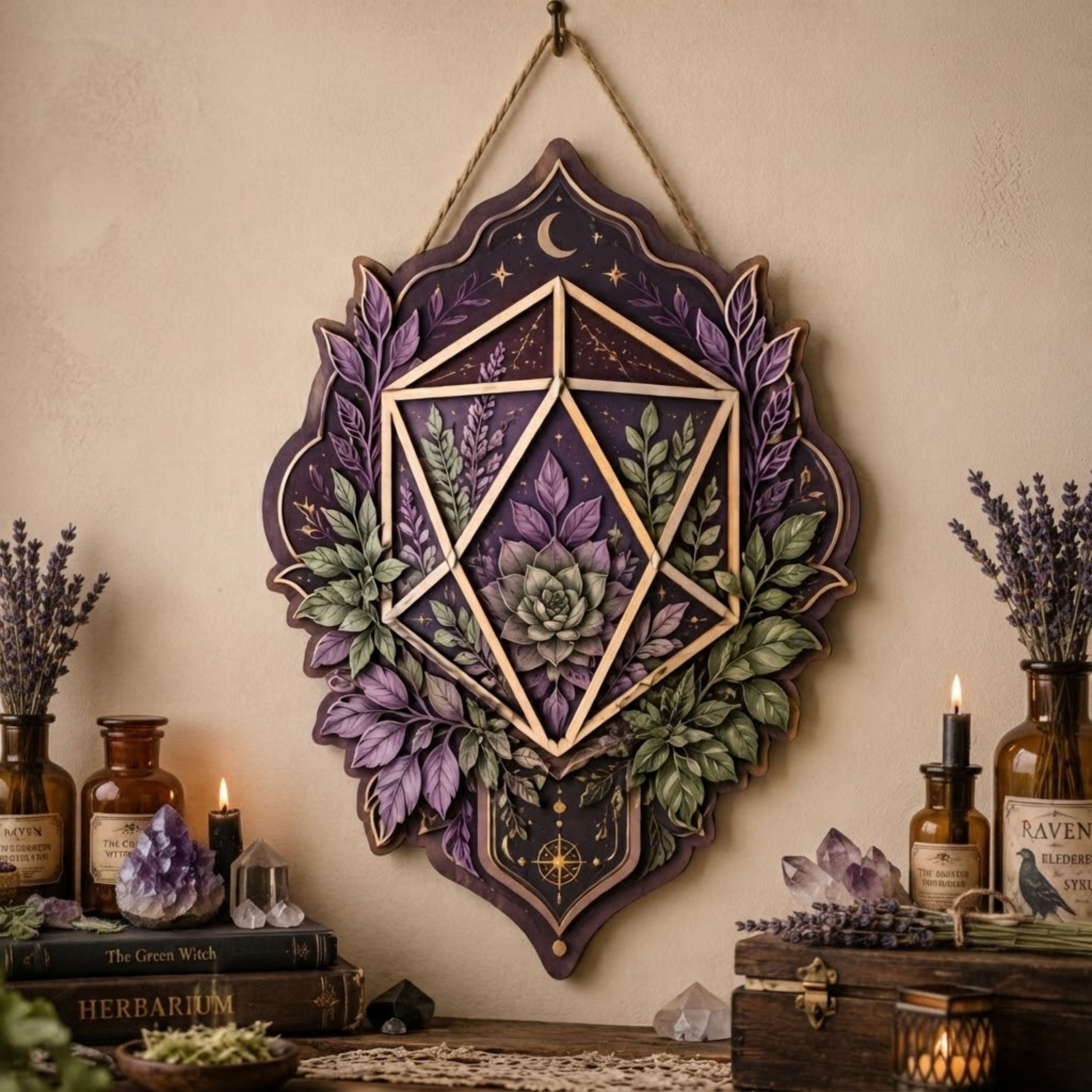 Botanical Crystal Wooden Sign - Mystical Geometric Wall Decor with Succulent, Lavender & Crescent Moon