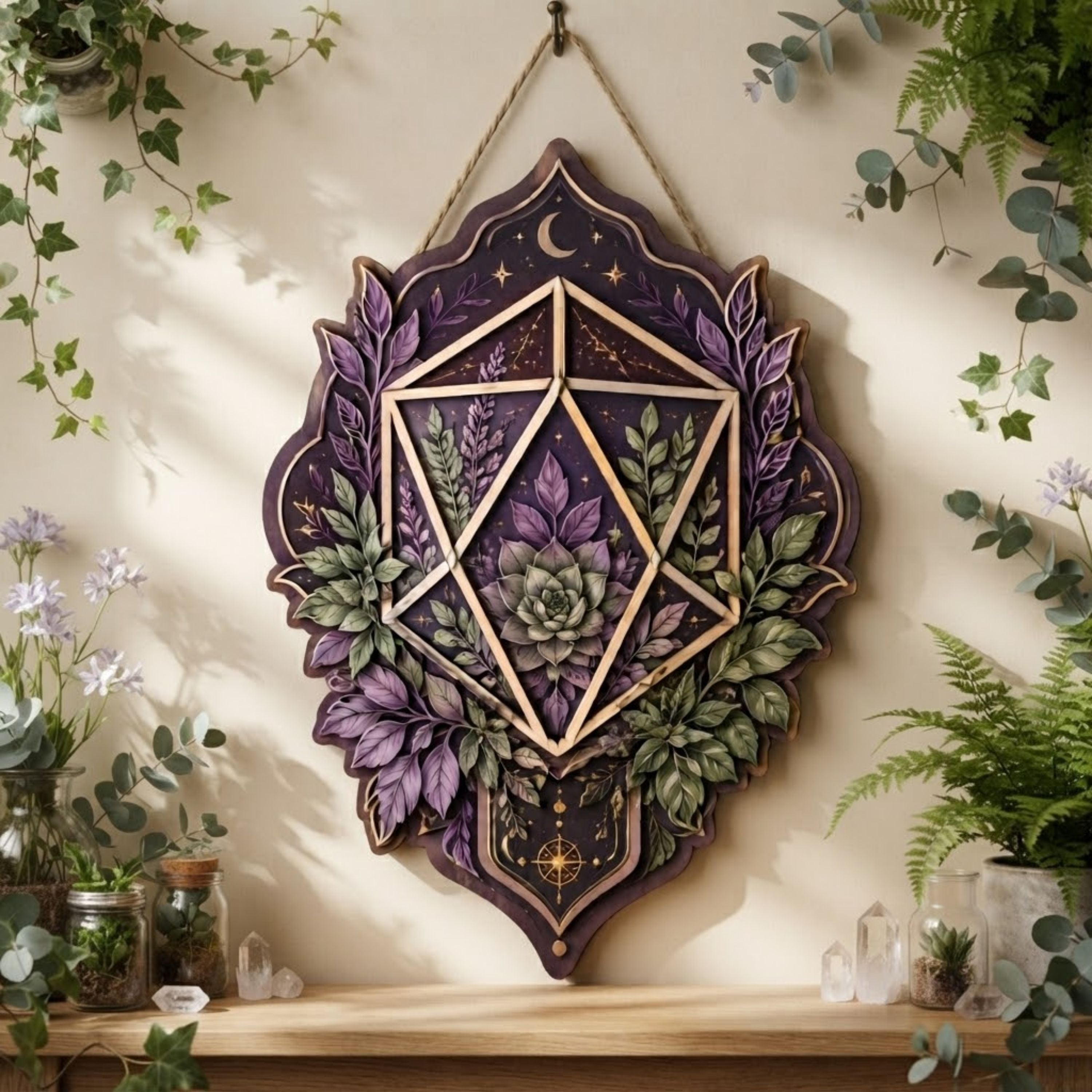 Botanical Crystal Wooden Sign - Mystical Geometric Wall Decor with Succulent, Lavender & Crescent Moon