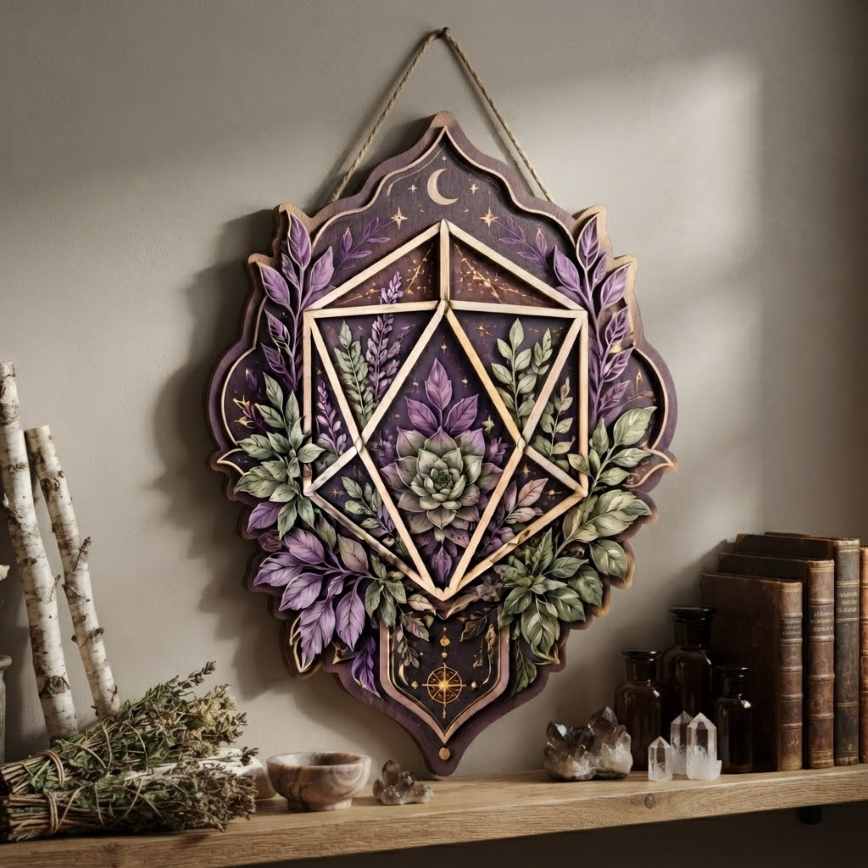Botanical Crystal Wooden Sign - Mystical Geometric Wall Decor with Succulent, Lavender & Crescent Moon