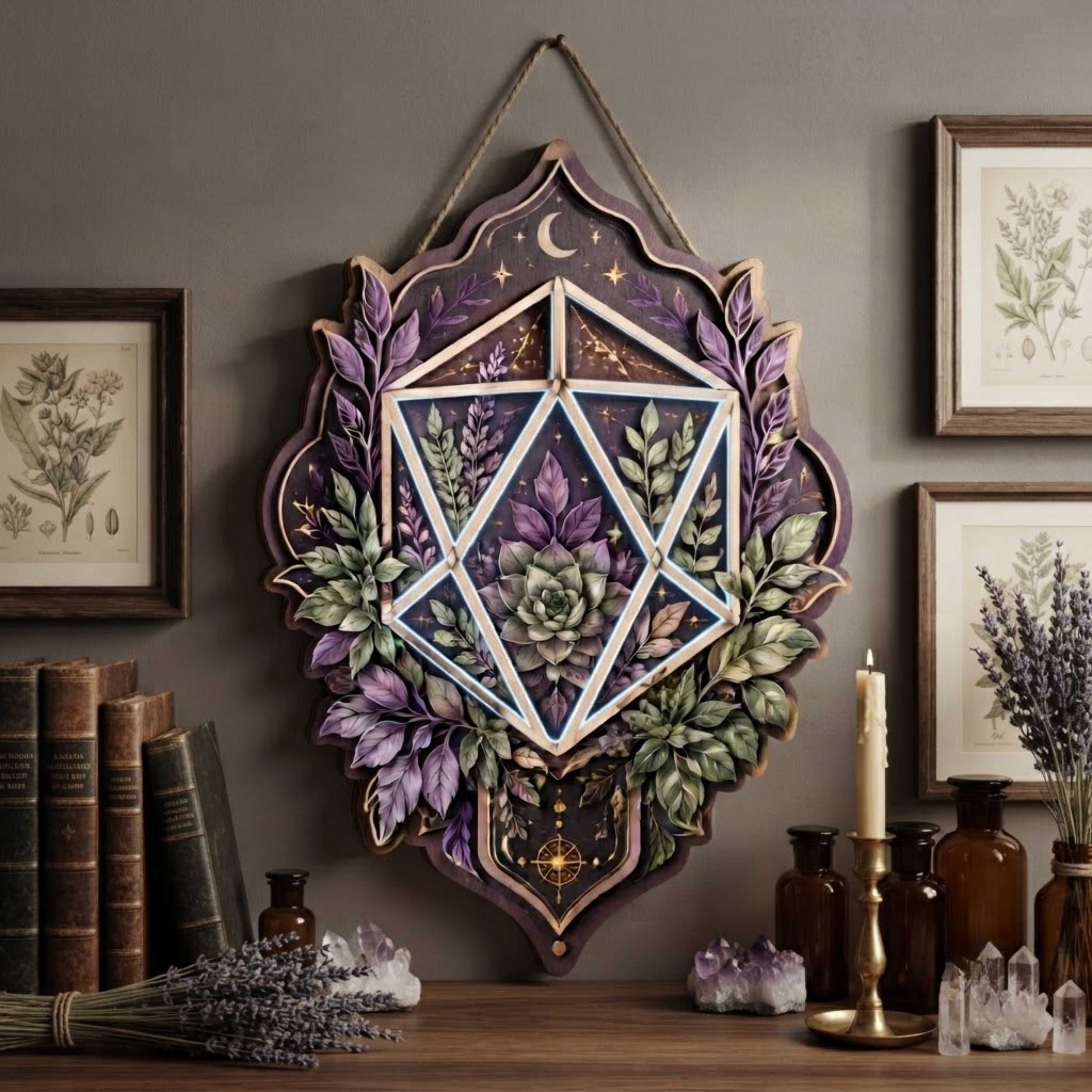 Botanical Crystal Wooden Sign - Mystical Geometric Wall Decor with Succulent, Lavender & Crescent Moon
