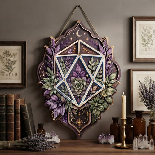 Botanical Crystal Wooden Sign - Mystical Geometric Wall Decor with Succulent, Lavender & Crescent Moon