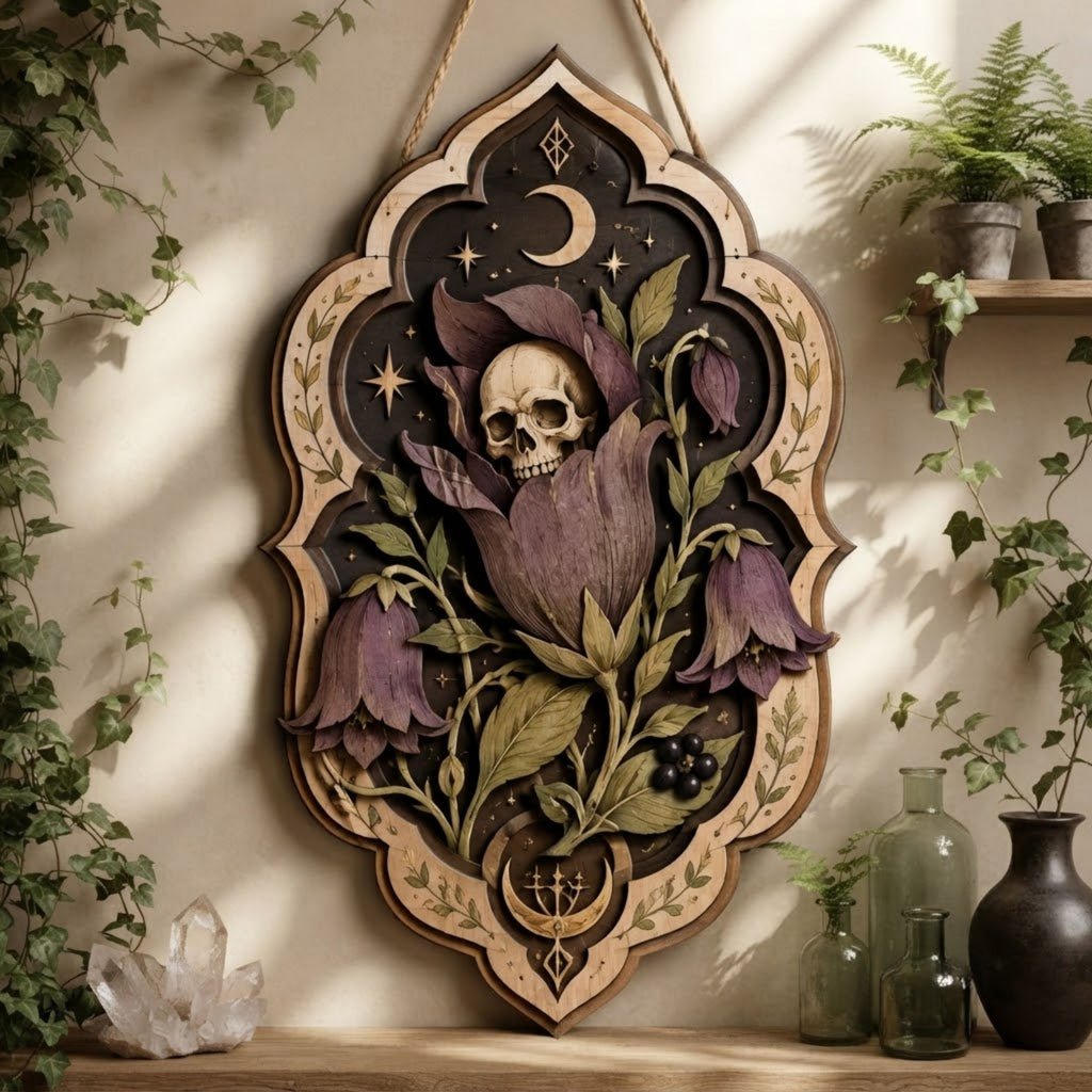 Skull Bellflower Wooden Sign - Gothic Botanical Wall Decor with Crescent Moon, Purple Blooms & Berries