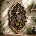 Skull Bellflower Wooden Sign - Gothic Botanical Wall Decor with Crescent Moon, Purple Blooms & Berries