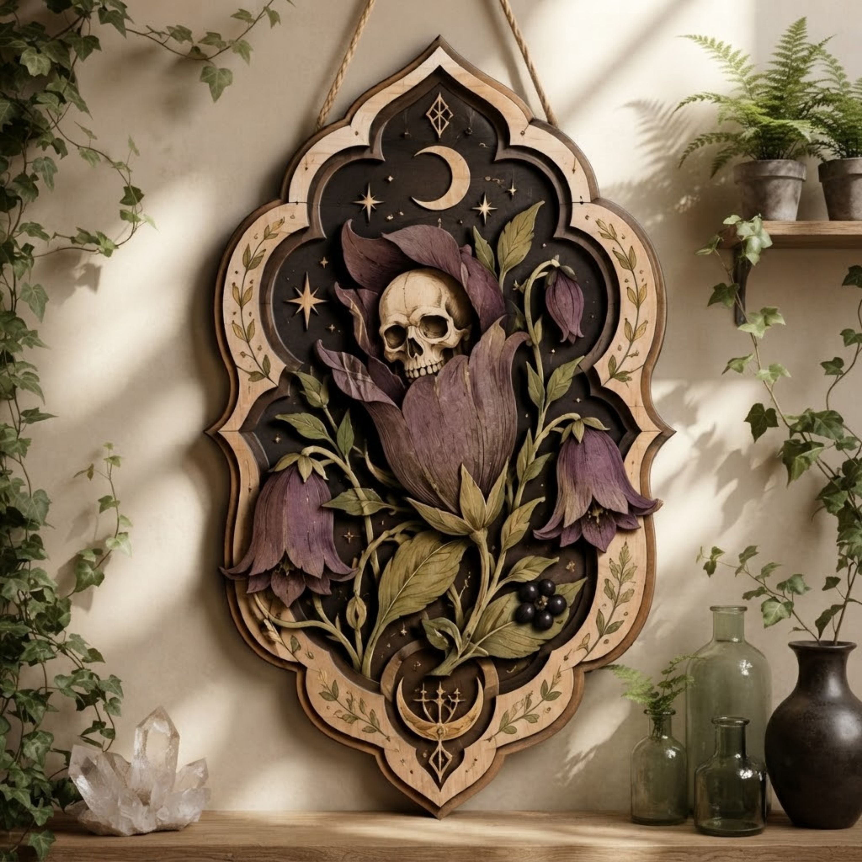 Skull Bellflower Wooden Sign - Gothic Botanical Wall Decor with Crescent Moon, Purple Blooms & Berries