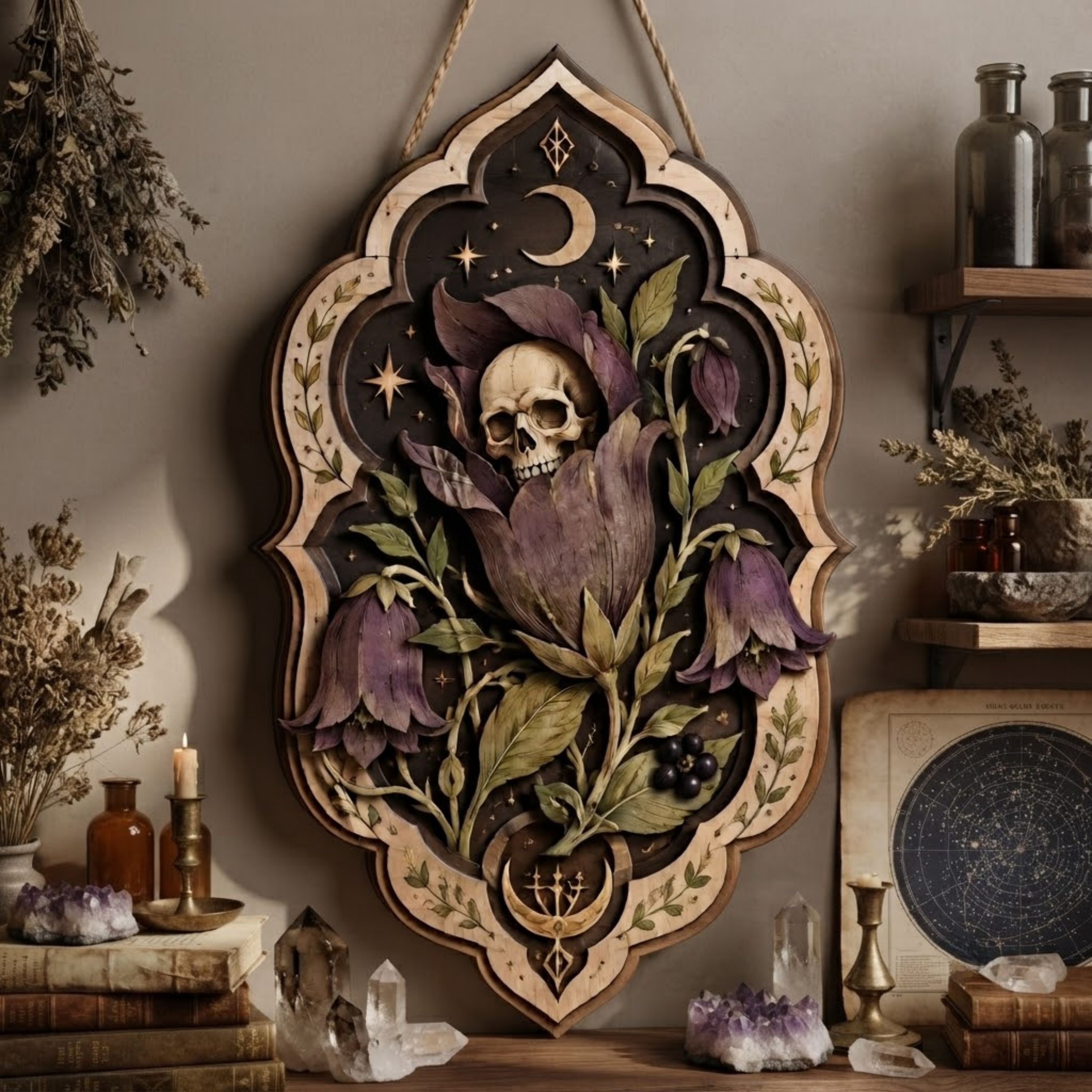 Skull Bellflower Wooden Sign - Gothic Botanical Wall Decor with Crescent Moon, Purple Blooms & Berries