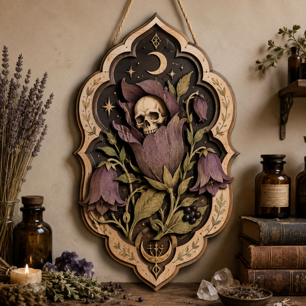 Skull Bellflower Wooden Sign - Gothic Botanical Wall Decor with Crescent Moon, Purple Blooms & Berries