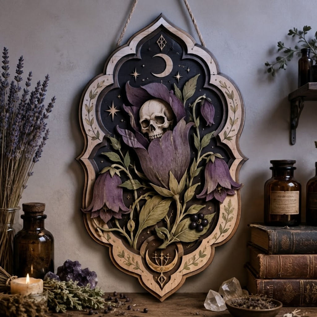 Skull Bellflower Wooden Sign - Gothic Botanical Wall Decor with Crescent Moon, Purple Blooms & Berries
