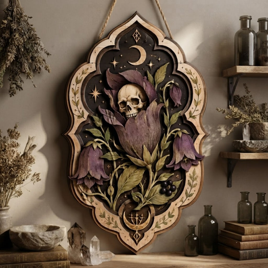 Skull Bellflower Wooden Sign - Gothic Botanical Wall Decor with Crescent Moon, Purple Blooms & Berries